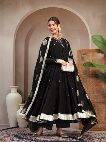 Black Malmal Calf Length Solid Full Sleeve Key Hole Neck Anarkali Kurta Suit Set
