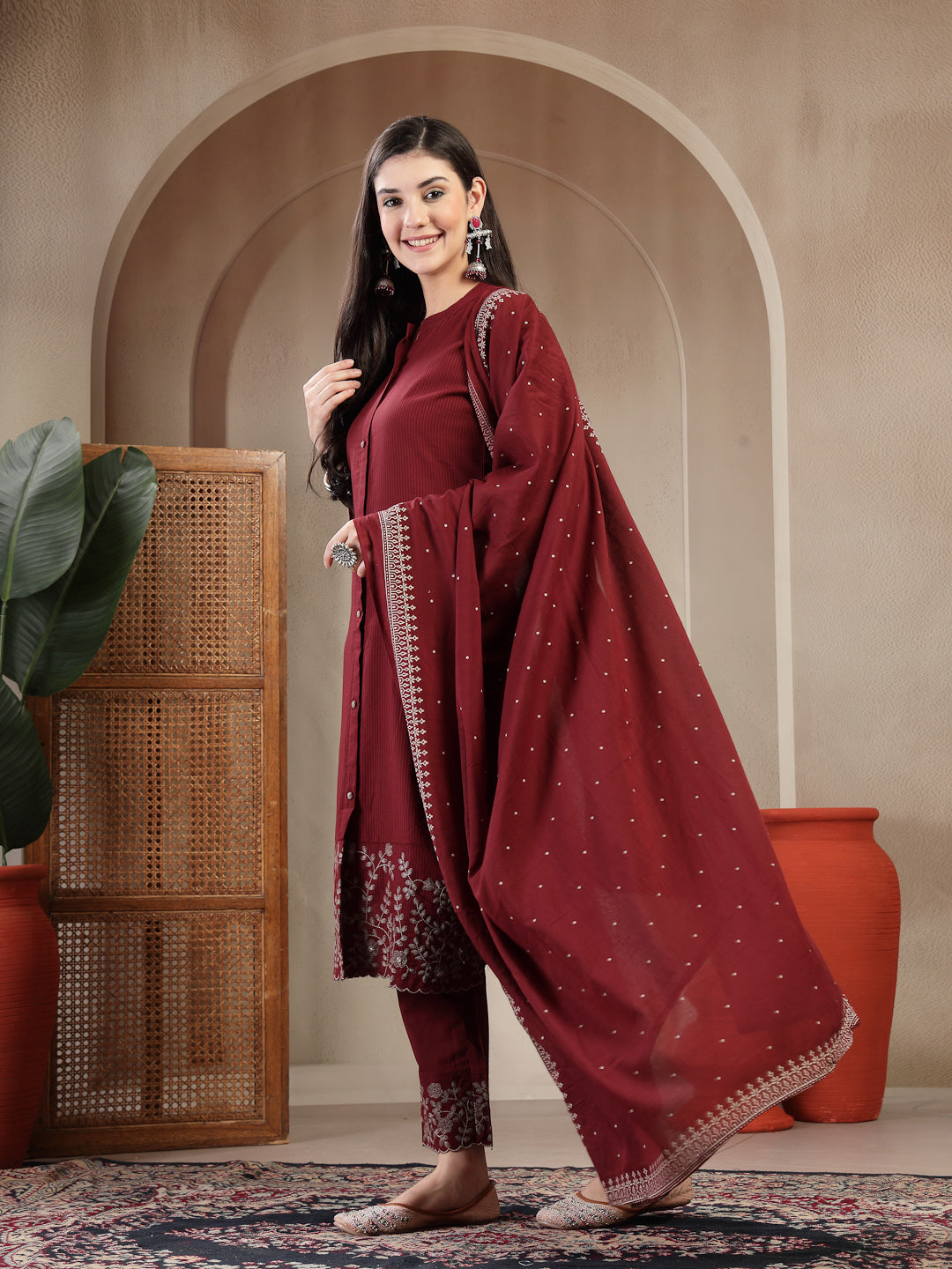 Wine Cotton Calf Length Solid 3/4 Sleeve Mandarin Collar Straight Kurta Suit Set