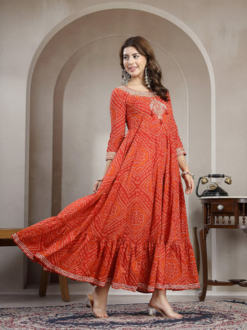 Red Cotton Ankle Length Printed 3/4 Sleeve Round Neck Flared Kurta