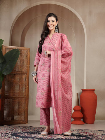 Pink Cotton Calf Length Printed 3/4 Sleeve Mandarin Collar Straight Kurta Suit Set