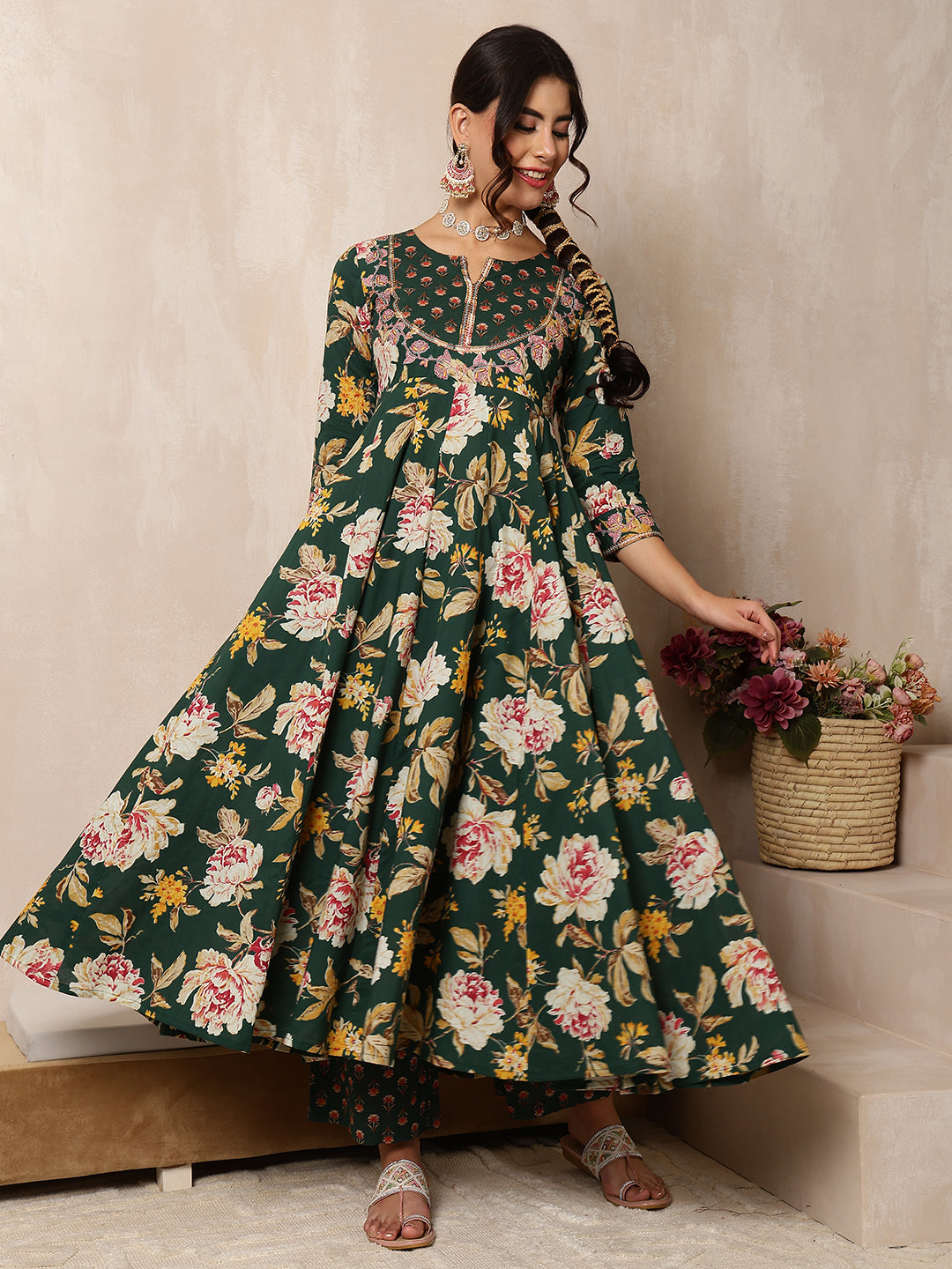 Green Cotton Calf Length Printed Flared 3/4 Sleeves Round Neck Kurta Bottom Dupatta Set