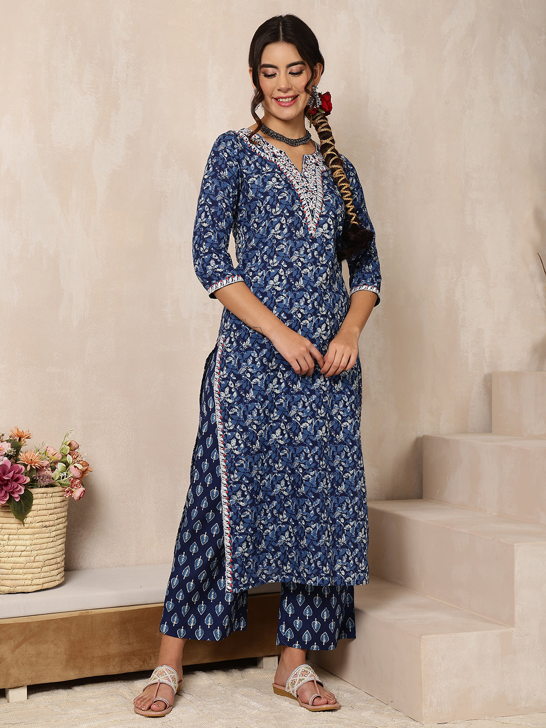 Indigo Cotton Calf Length Printed Straight 3/4 Sleeves V-Neck Kurta Bottom Dupatta Set