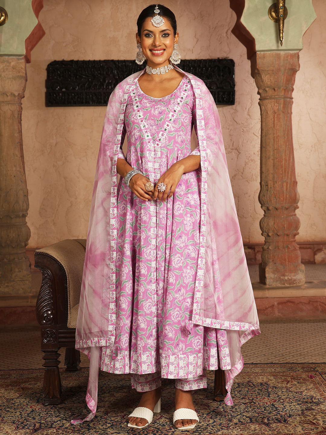 Lav Cotton Calf Length Printed Flared 3/4 Sleeves V-Neck Kurta Suit Set