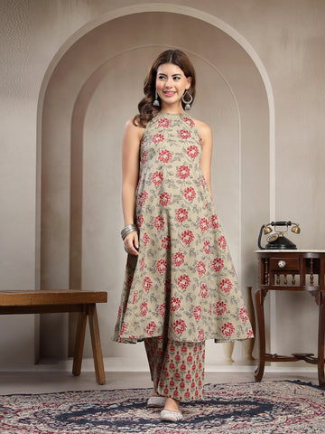 Kashish Cotton Calf Length Printed Sleeveless Round Neck Flared Kurta Suit Set