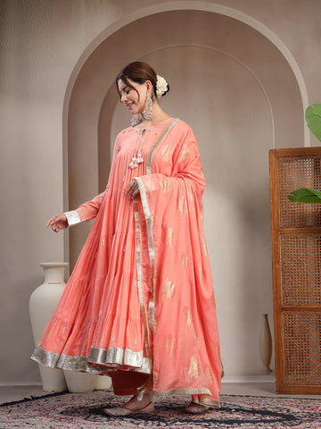 Peach Malmal Calf Length Solid Full Sleeve Key Hole Neck Anarkali Kurta Suit Set