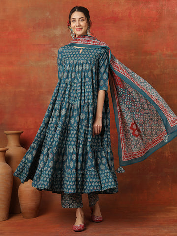 Turquoise Cotton Calf Length Printed 3/4 Sleeves Key Hole Anarkali Kurta Suit Set