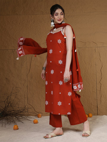 Rust Rayon Calf Length Printed Sleeveless Round Neck Straight Kurta Suit Set