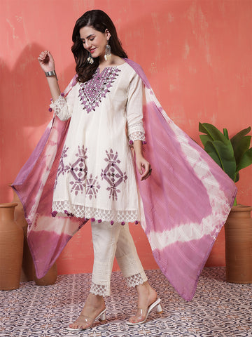 White Jacquard Knee Length Solid 3/4 Sleeves Round Neck Flared Kurta Suit Set