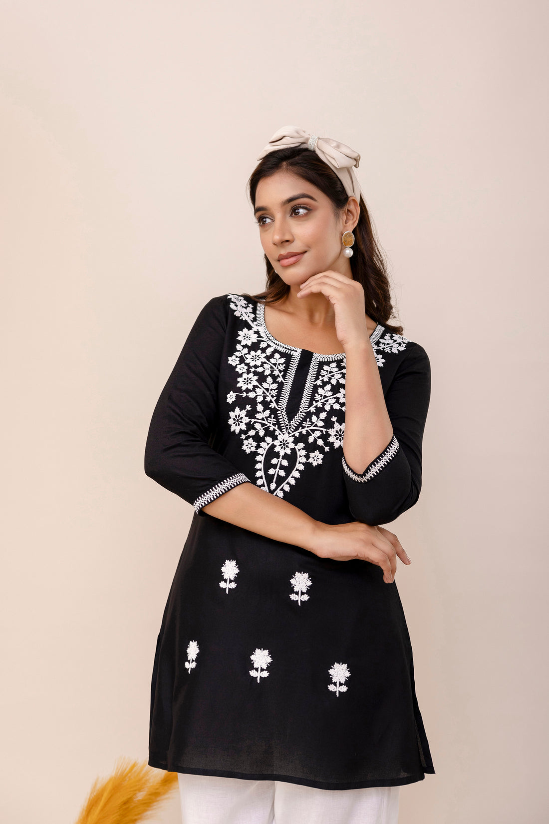 Black Rayon Hip Length Round Neck A-Line Top