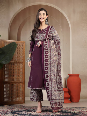 Wine Cotton Calf Length Solid 3/4 Sleeve Round Neck Straight Kurta Suit Set