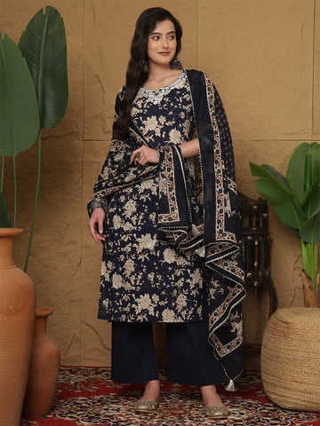 Navy Cotton Calf Length Printed 3/4 Sleeves Round Neck Straight Kurta Suit Set