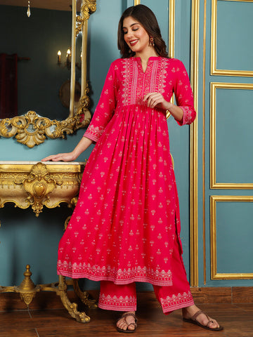 Rayon Calf Length Printed Flared 3/4 Sleeves Mandarin Neck Kurta Bottom Dupatta Set