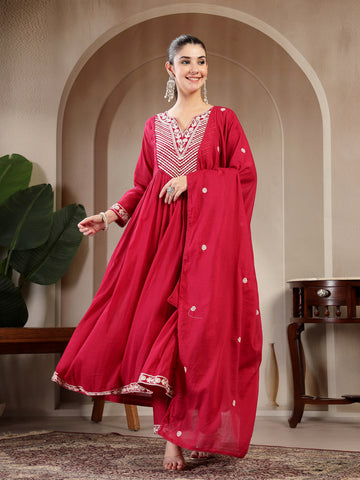 Coral Cotton Calf Length Solid 3/4 Sleeve Round Neck Flared Kurta Suit Set