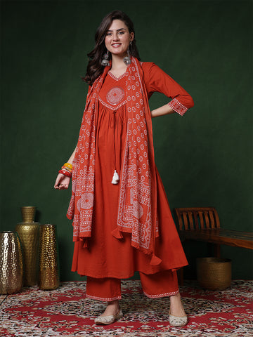 Rust Rayon Calf Length Solid 3/4 Sleeves V-Neck Semi-Flared Kurta Suit Set