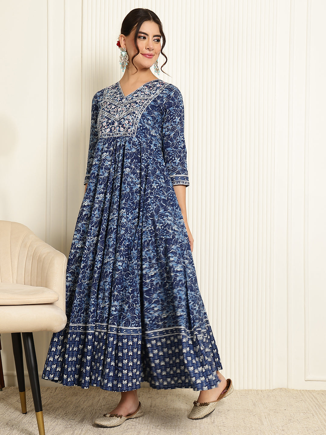 Indigo Cotton Ankle Length Printed Flared 3/4 Sleeves V-Neck Gown