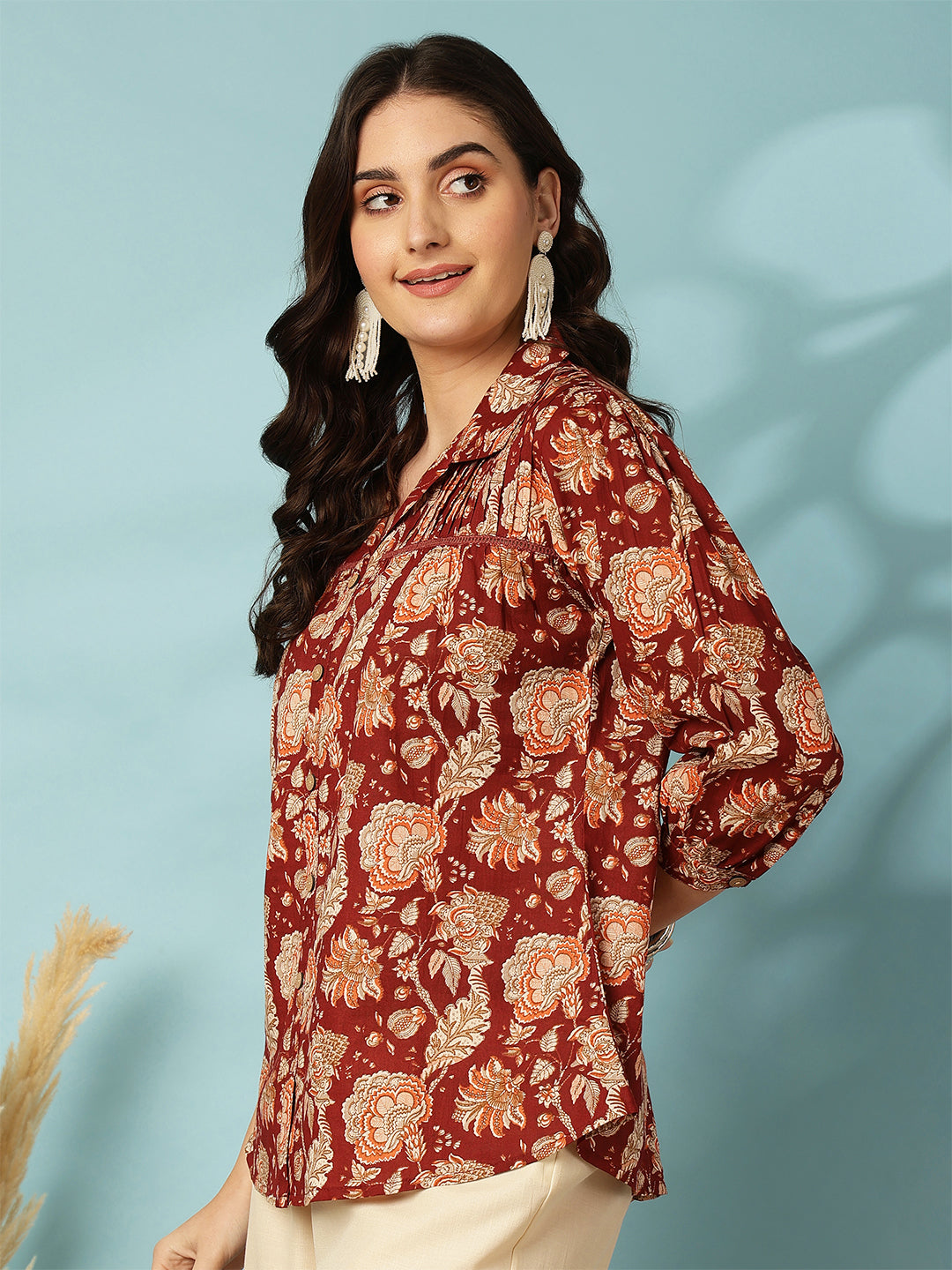 Maroon Women Printed 3/4 Sleeves Regular Pure Cotton Top