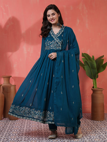 Teal Cotton Calf Length Printed 3/4 Sleeves Angrakha Anarkali Kurta Suit Set