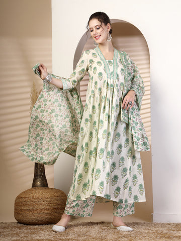 Olive Cotton Calf Length Printed Flared 3/4 Sleeves V Neck Kurta Suit Set