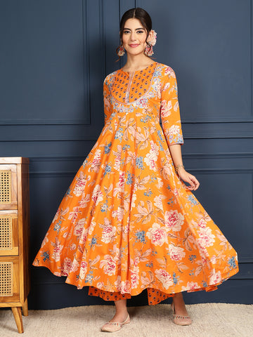 Orange Cotton Calf Length Printed Flared 3/4 Sleeves Round Neck Kurta Bottom Dupatta Set