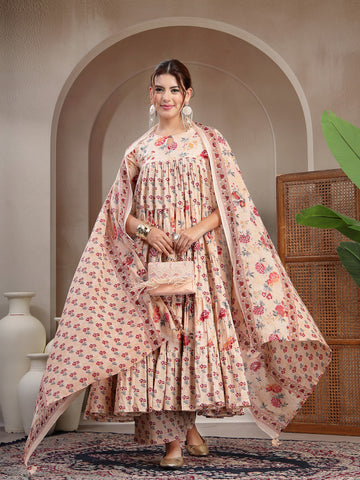 Cream Cotton Calf Length Printed 3/4 Sleeve Key Hole Neck Flared Kurta Suit Set