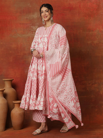 Pink Cotton Calf Length Printed 3/4 Sleeves Round Neck Anarkali Kurta Suit Set