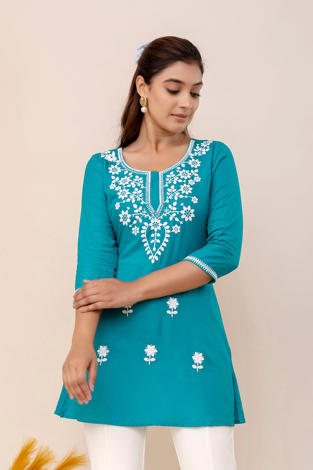 Aqua Rayon Hip Length Round Neck A-Line Top