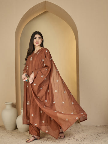 Rust Chanderi Calf Length Solid 3/4 Sleeves V-Neck Flared Kurta Suit Set