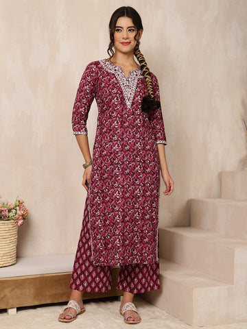 Wine Cotton Calf Length Printed Straight 3/4 Sleeves V-Neck Kurta Bottom Dupatta Set