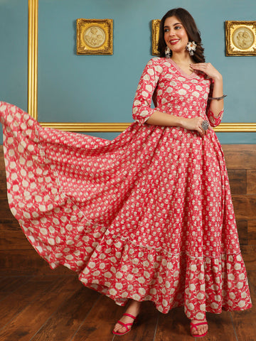 Cotton Ankle Length Printed Flared 3/4 Sleeves V-neck Kurta