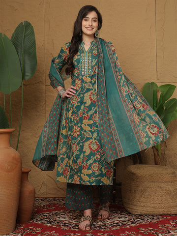 Teal Cotton Calf Length Printed 3/4 Sleeves Mandarin Collar Straight Kurta Suit Set