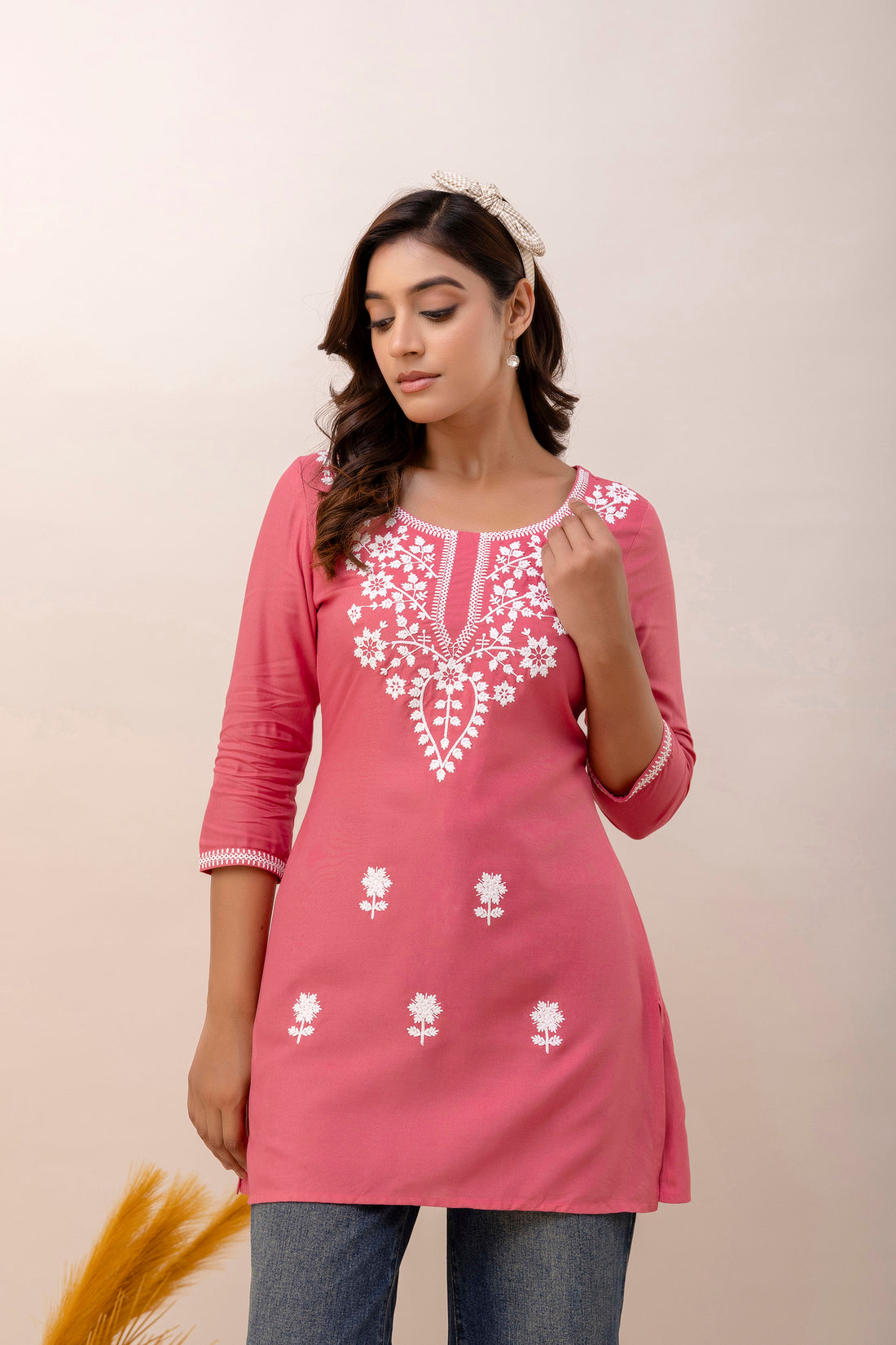 Pink Rayon Hip Length Round Neck A-Line Top