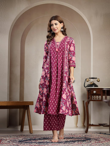 Wine Cotton Calf Length Printed 3/4 Sleeve V-Neck Flared Kurta Suit Set