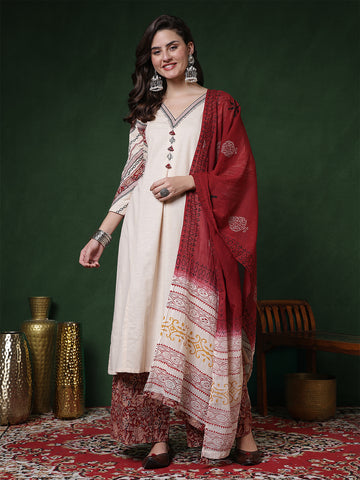 Cream Cotton Flex Calf Length Solid 3/4 Sleeves V-Neck Straight Kurta Suit Set