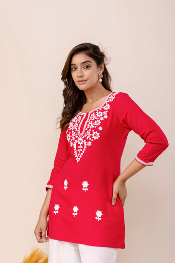 Coral Rayon Hip Length Round Neck A-Line Top