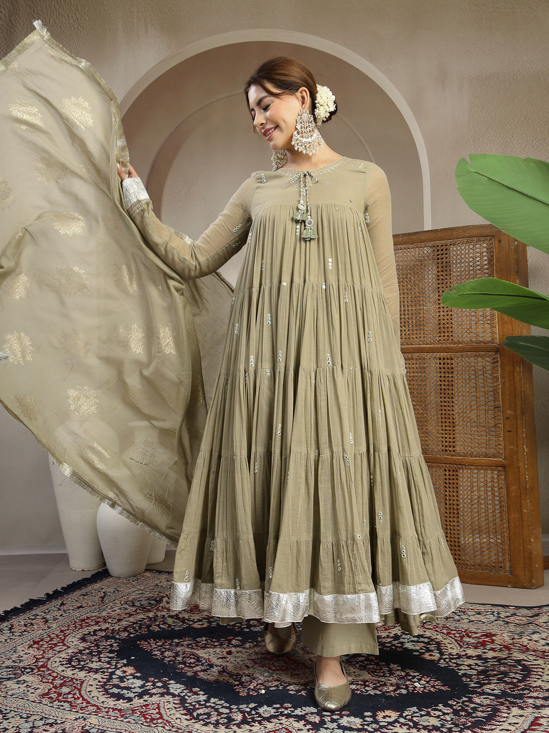 Mint Green Malmal Calf Length Solid Full Sleeve Key Hole Neck Anarkali Kurta Suit Set