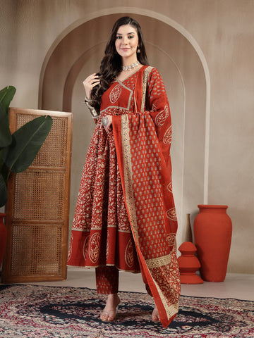 Rust Cotton Calf Length Printed 3/4 Sleeve V Neck Flared Kurta Suit Set
