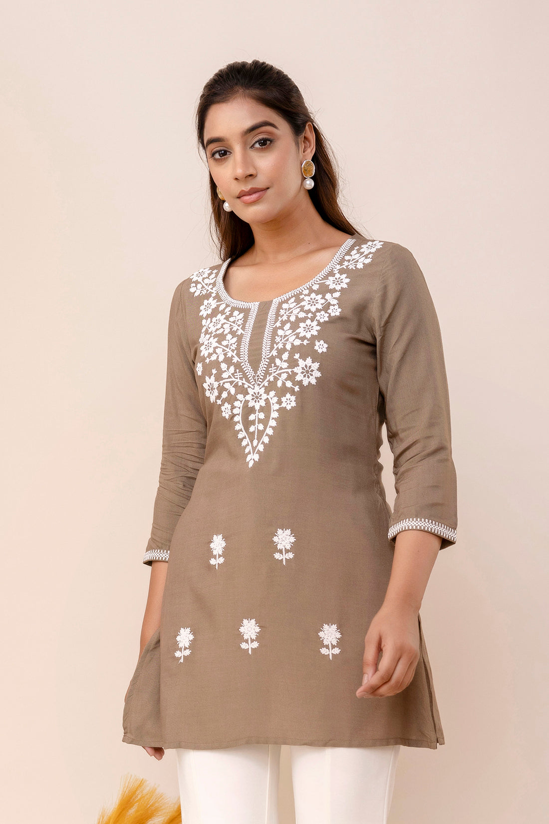 Brown Rayon Hip Length Round Neck A-Line Top