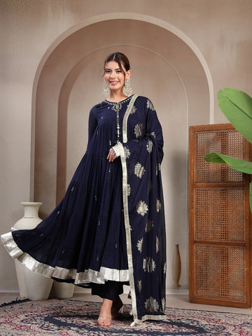 Navy Blue Malmal Calf Length Solid Full Sleeve Key Hole Neck Anarkali Kurta Suit Set