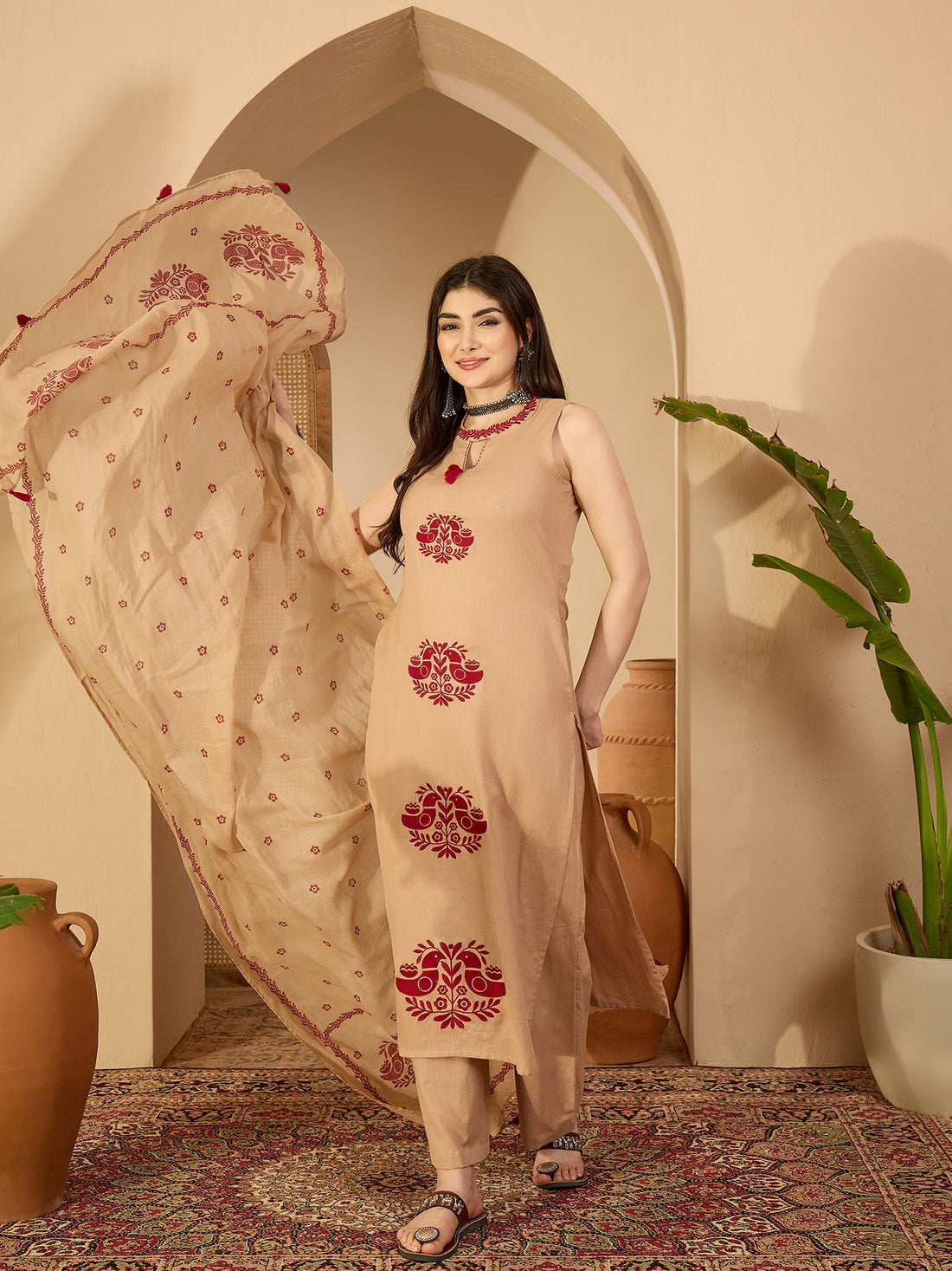 Beige Cotton Calf Length Printed Sleeveless Round Neck Straight Kurta Suit Set