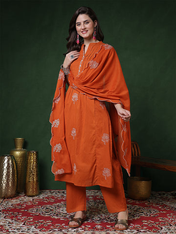 Rust Cotton Calf Length Solid 3/4 Sleeves Mandarin Straight Kurta Suit Set