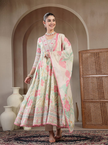 Mint Green Cotton Calf Length Printed 3/4 Sleeve V Neck Flared Kurta Suit Set