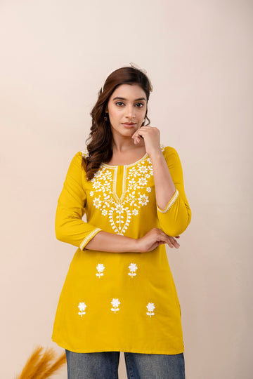 Yellow Rayon Hip Length Round Neck A-Line Top