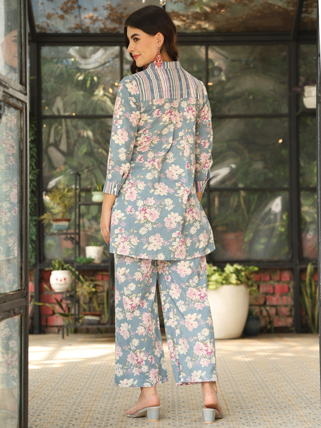 Blue Cotton Hip Length Printed Straight 3/4 Sleeves Shirt Coller Co-Ord Set