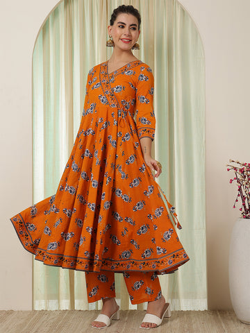 Orange Cotton Calf Length Printed Flared 3/4 Sleeves V-Neck Kurta Suit Set