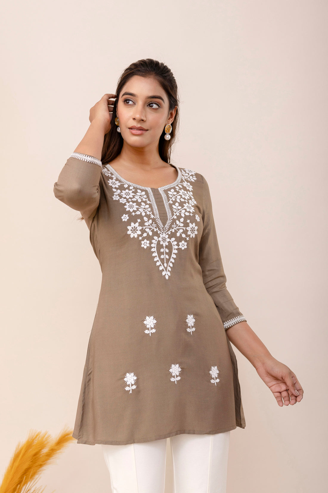 Brown Rayon Hip Length Round Neck A-Line Top