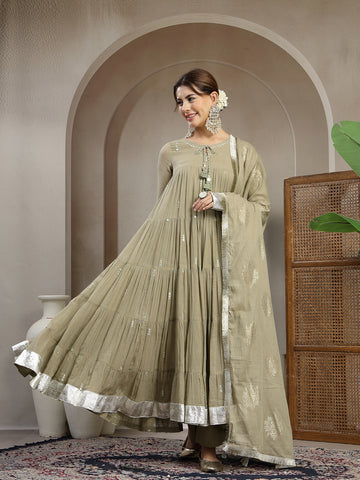 Mint Green Malmal Calf Length Solid Full Sleeve Key Hole Neck Anarkali Kurta Suit Set