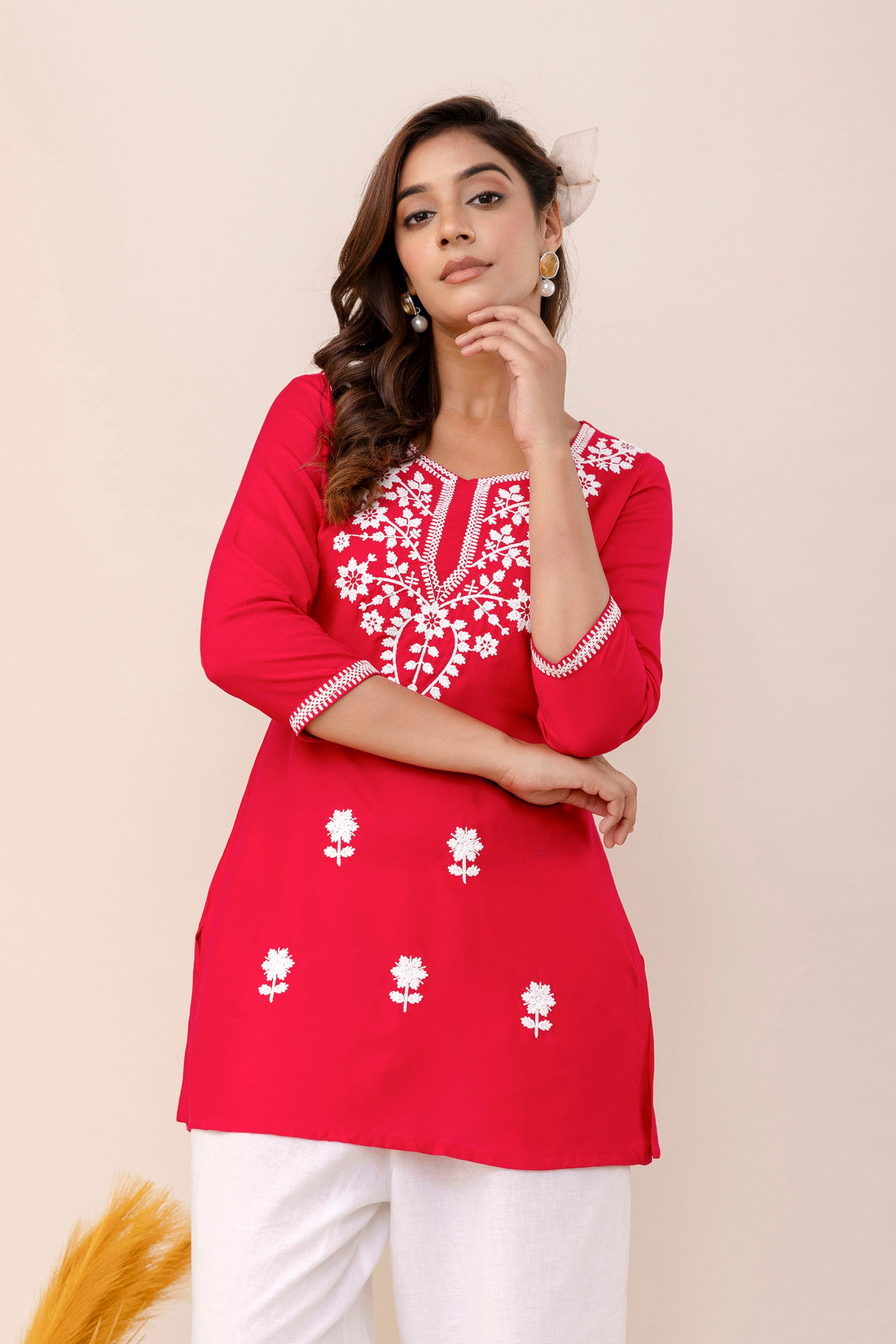 Coral Rayon Hip Length Round Neck A-Line Top