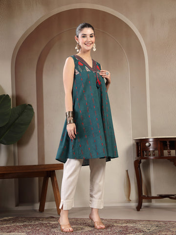 Teal Rayon Calf Length Solid Sleeveless V Neck A Line Kurta