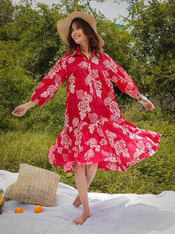 Pink Cotton Knee Length Printed 3/4 Sleeve Shirt Collar Flared Dress