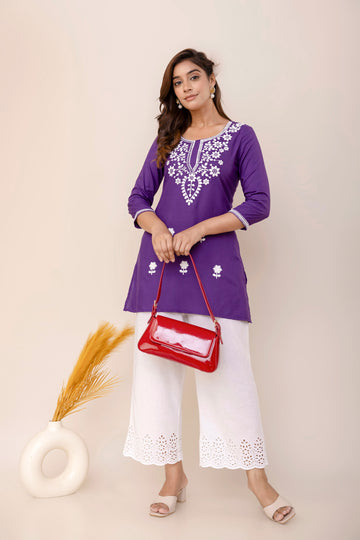 Purple Rayon Hip Length Round Neck A-Line Top